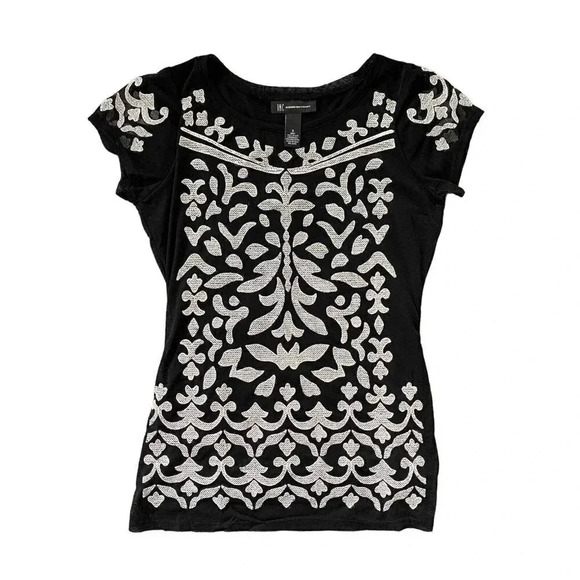 INC International Concepts Women Small Black Embroidered Top Short Sleeve Sheer - Picture 1 of 8